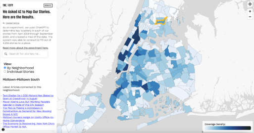 THE CITY&rsquo;s AI-powered tool visualized news coverage density across neighborhoods, allowing the audience to explore stories by location.